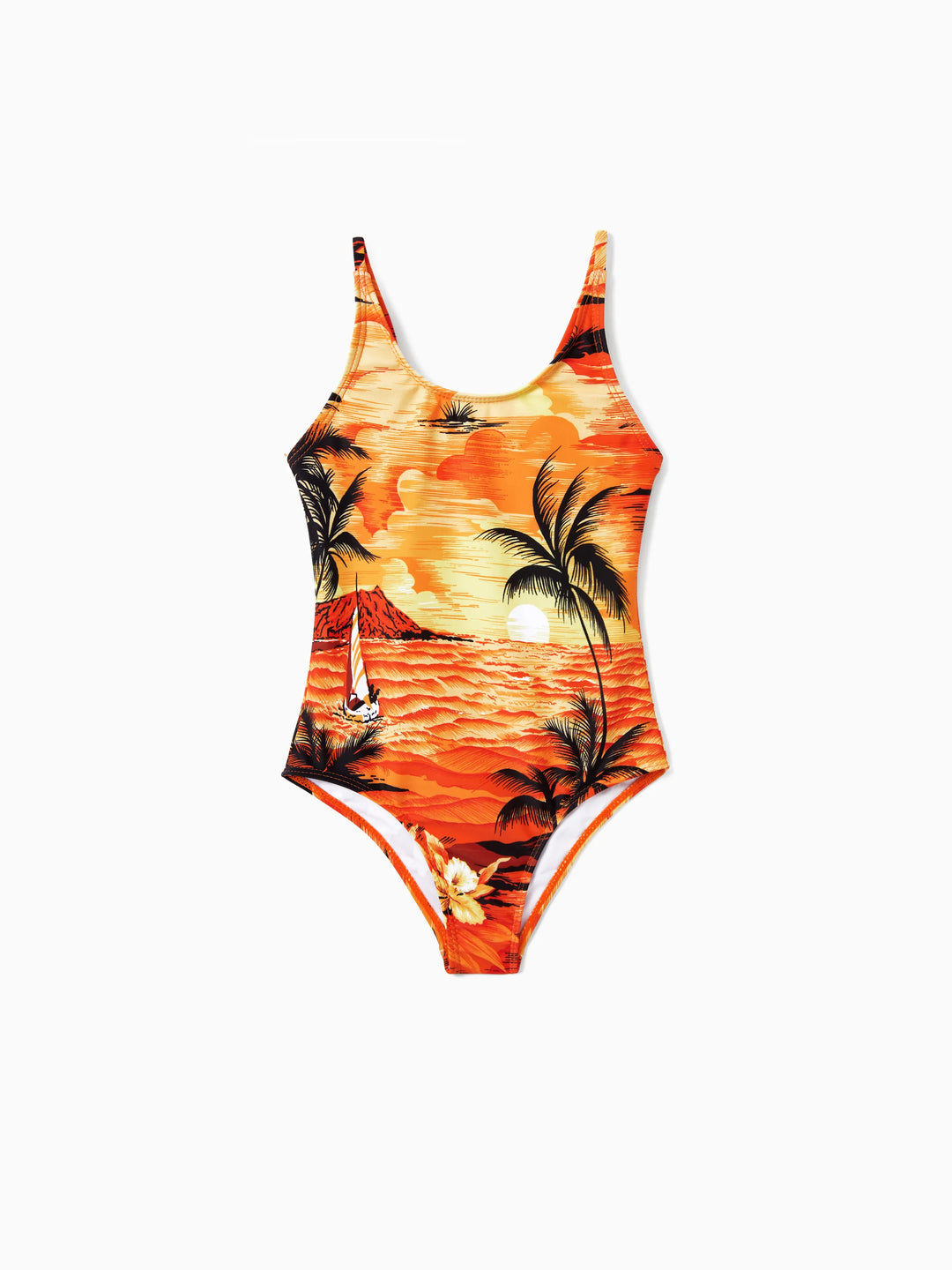 Trajes de baño hawaianos tropicales para papá e hija Naranja