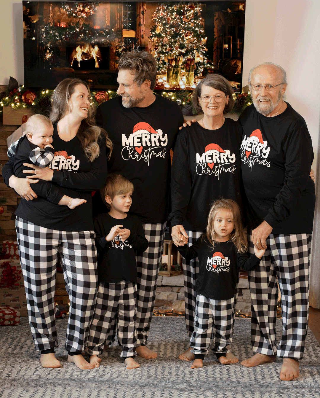 Christmas Family Matching Glow In The Dark Letters Print Long-sleeve Pajamas Sets with Christmas Socks Black+White