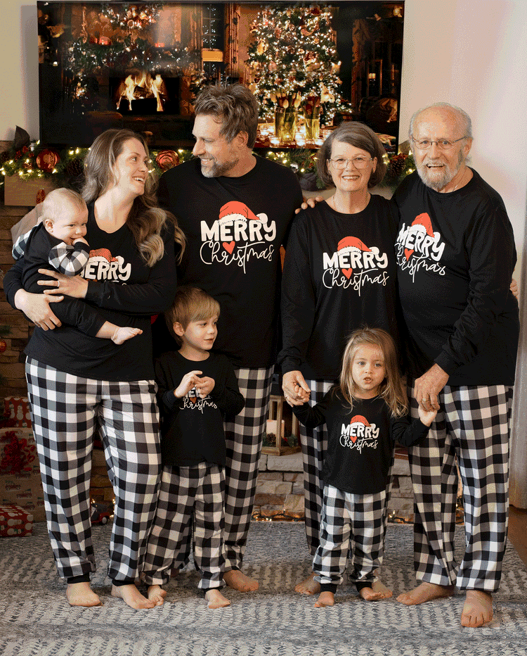 Christmas Family Matching Glow In The Dark Letters Print Long-sleeve Pajamas Sets with Christmas Socks Black+White