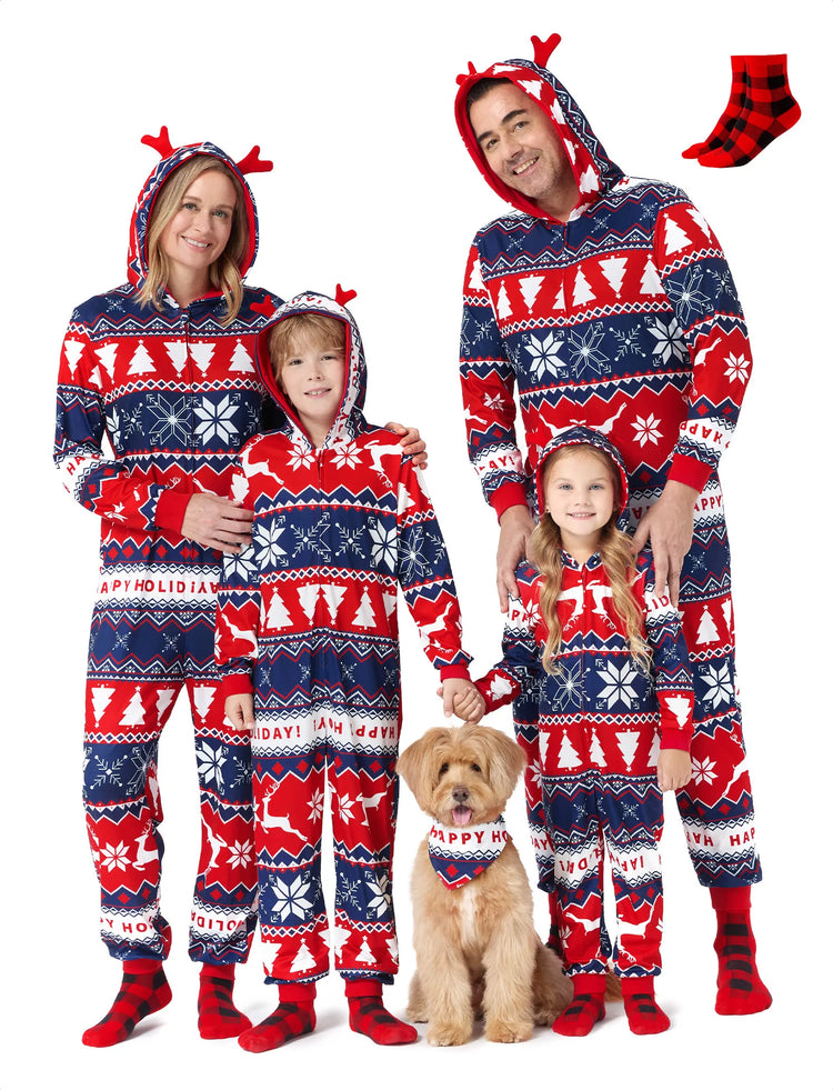 Christmas Matching Family Pajamas Set 3D Reindeer Hooded Allover Snowflake Print Red and Blue Onesie PJS with Christmas Socks Red-2