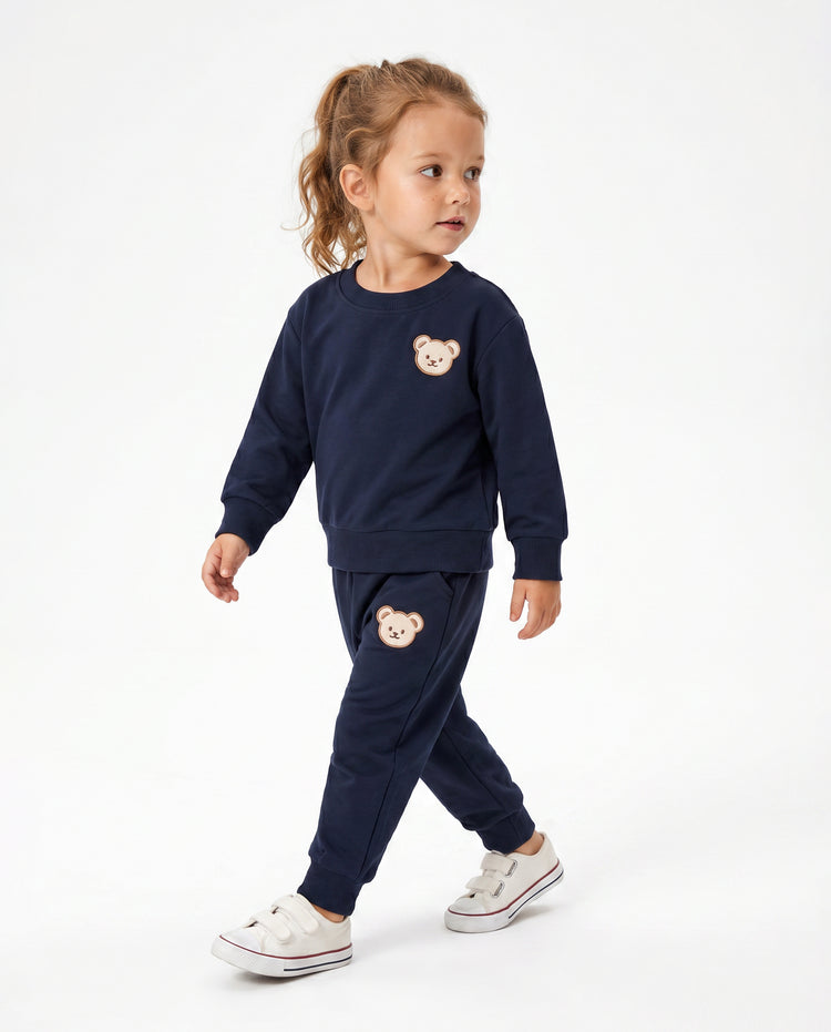 Conjunto de 2 piezas de sudadera y pantalón estilo oso para bebé/niña/niño, color azul oscuro