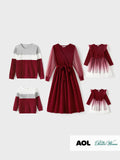 Family Matching Color-block Tops and Flutter Mesh Dresses Sets Burgundy