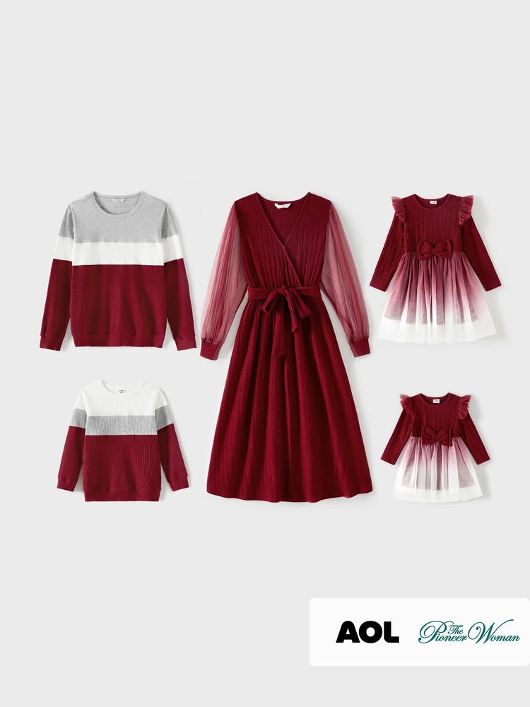 Family Matching Color-block Tops and Flutter Mesh Dresses Sets Burgundy