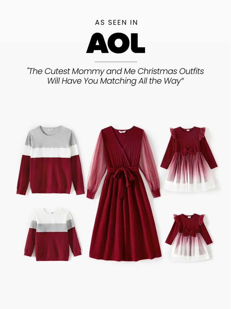 Family Matching Color-block Tops and Flutter Mesh Dresses Sets Burgundy