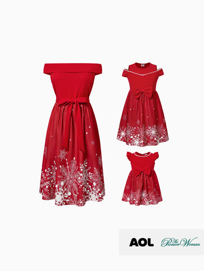 Mommy & Me Snowflake Print Red Off-shoulder/Open-shoulder Sleeveless Dresses Red