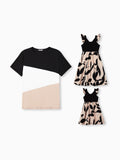 Daddy & Daughter Cross Back Floral Strap Dress and Colorblock Top Sets Black