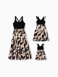 Mommy & me Cross Back Floral Strap Dress and Colorblock Top Sets Black