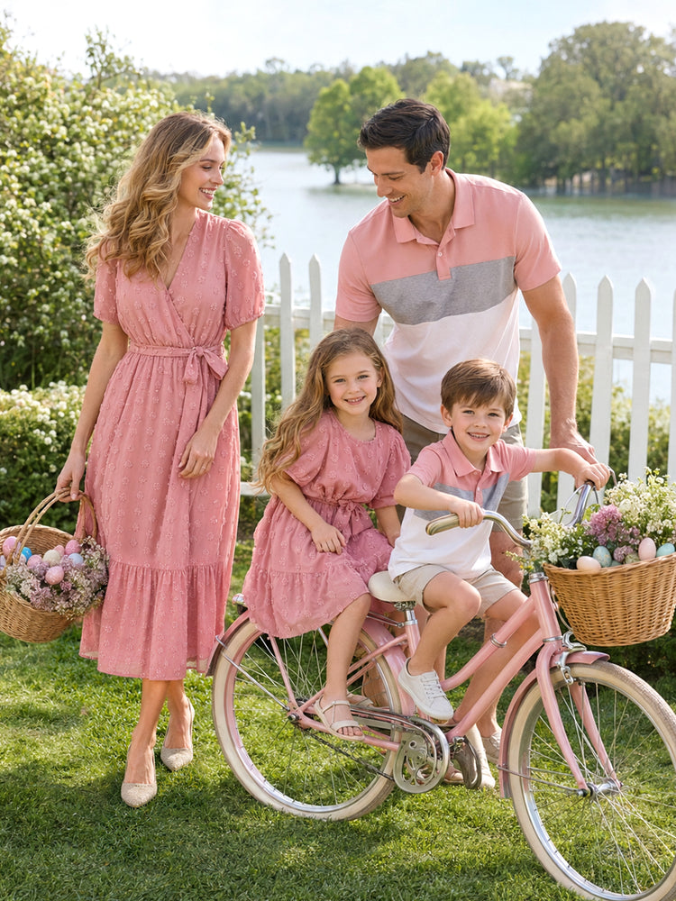 Family Matching Pink Set Solid Colorblock Polo collar Short-sleeve Shirt or Ruffle-sleeve Belted Dress Pink