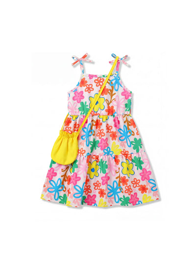 Fresh Market Toddler Girl Graffiti Floral Tiered Dress with Bag Blue+Yellow