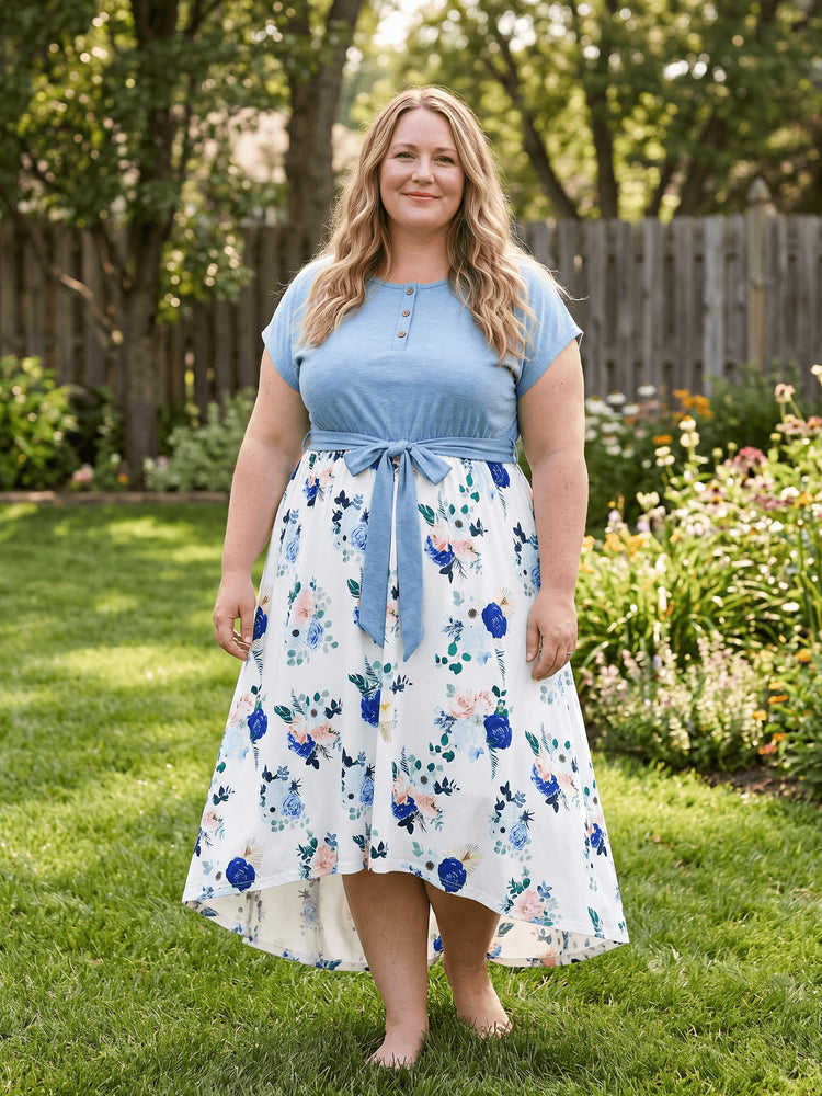 Family Matching Floral Colorblock T-Shirt and Quarter Button Belted Spliced A-Line Dress Sets lightskyblue