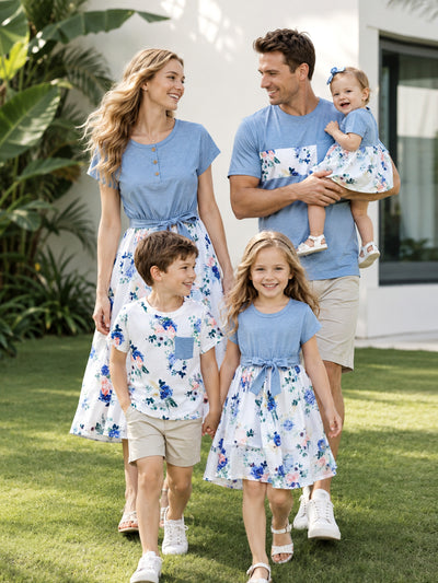Family Matching Floral Colorblock T-Shirt and Quarter Button Belted Spliced A-Line Dress Sets lightskyblue