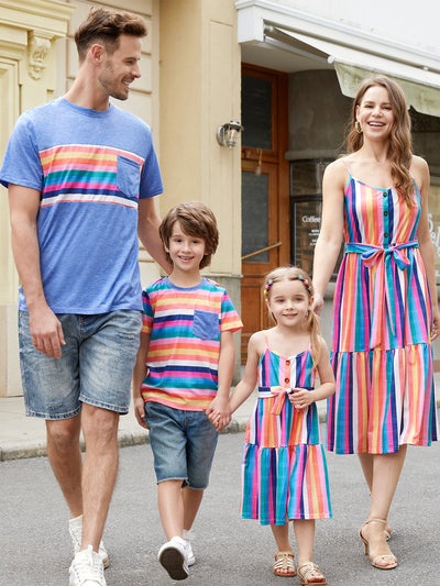 Family Matching Multi-Color Stripe T-shirt and Ruffle Hem Button Strap Dress Sets COLOREDSTRIPES