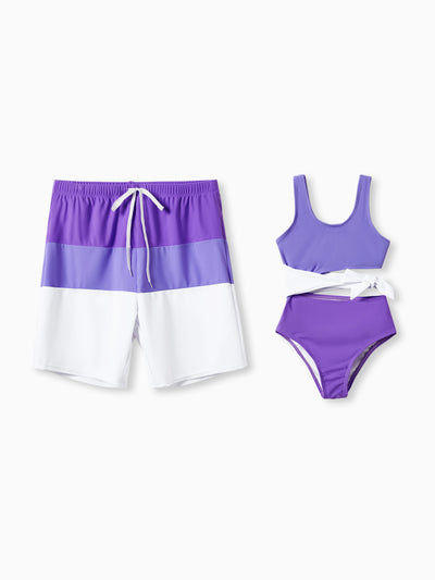 Daddy & Daughter Color-block Swim Trunks or One-shoulder Side Knot One-Piece Swimsuit (Quick-Dry) ColorBlock