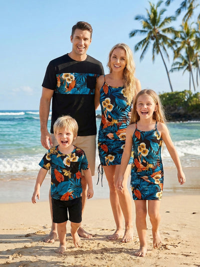 Family Matching Floral Panel T-shirt and Floral Ruched Drawstring Side Strap Dress Sets Black
