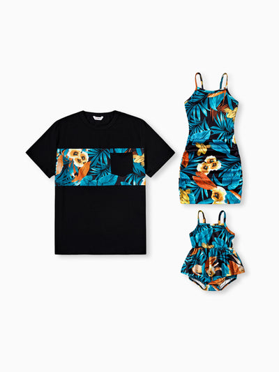 Daddy & Daughter Floral Panel T-shirt and Floral Ruched Drawstring Side Strap Dress Sets Black