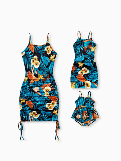 Mommy & me Floral Ruched Drawstring Side Strap Dress Sets Black