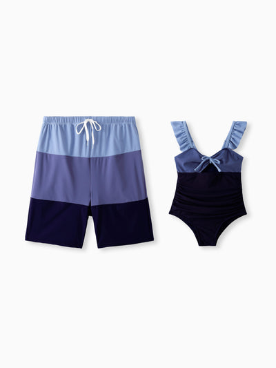 Daddy & Daughter Drawstring Swim Trunks or Ruched Bow Tie Cut Out Mesh Ruffle Strap One-Piece Swimsuit (Quick-Dry) MultiColour