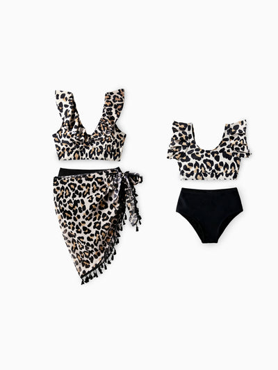 Mommy & me Leopard Pattern Drawstring Ruffle Neck Two-Piece Bikini with Optional Cover Up Sarong Skirt Black