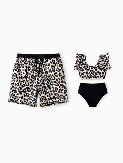 Daddy & Daughter Leopard Pattern Drawstring Swim Trunks or Ruffle Neck Two-Piece Bikini with Optional Cover Up Sarong Skirt Black