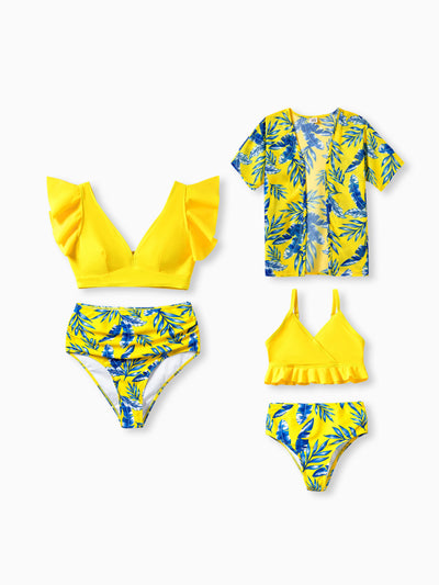Mommy & me Yellow Leaf Print Ruched Flutter Sleeve Bikini with Optional Swim Cover Up Yellow