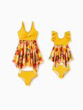 Mommy & me Floral Drawstring Flowy Spliced Mesh Swim Dress with Triangle Swim Bottom Yellow