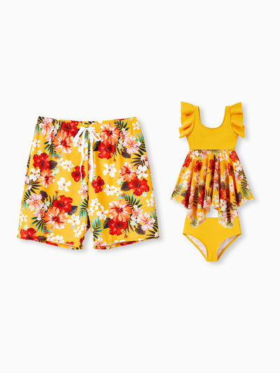 Daddy & Daughter Floral Drawstring Swim Trunks or Flowy Spliced Mesh Swim Dress with Triangle Swim Bottom Yellow