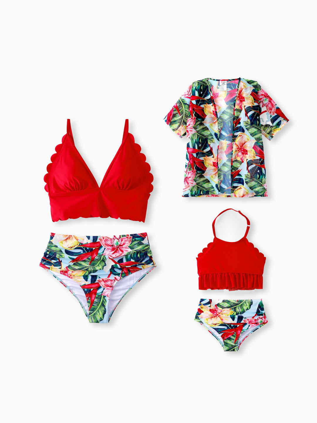 Conjunto familiar a juego para mamá y yo: pantalones de baño con cordón y estampado floral o bikini con borde fruncido en forma de concha con opción de cubierta de baño Rojo