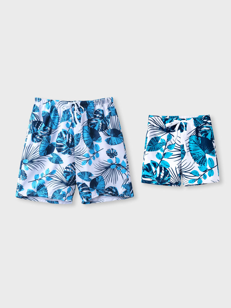 Daddy & Son Drawstring Swim Trunks or Cut Out Lace UP Back One-Piece Swimsuit BLUEWHITE
