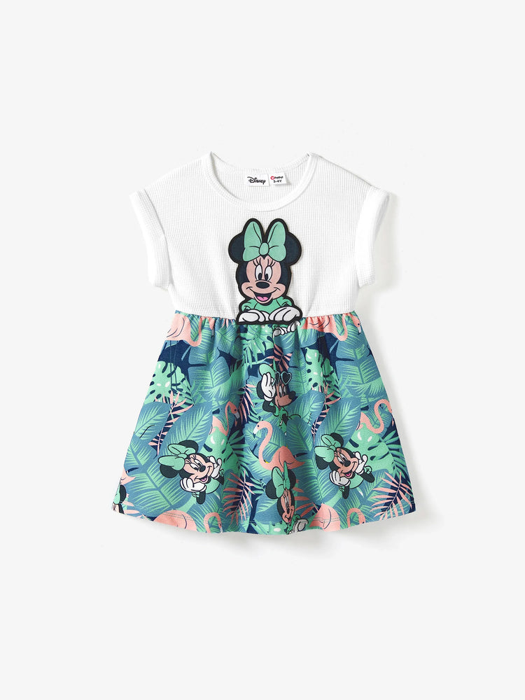 Disney Mickey and Friends Toddler/Kid Girl Tropical Botanical Print Waffle Fabric Dress greenwhite