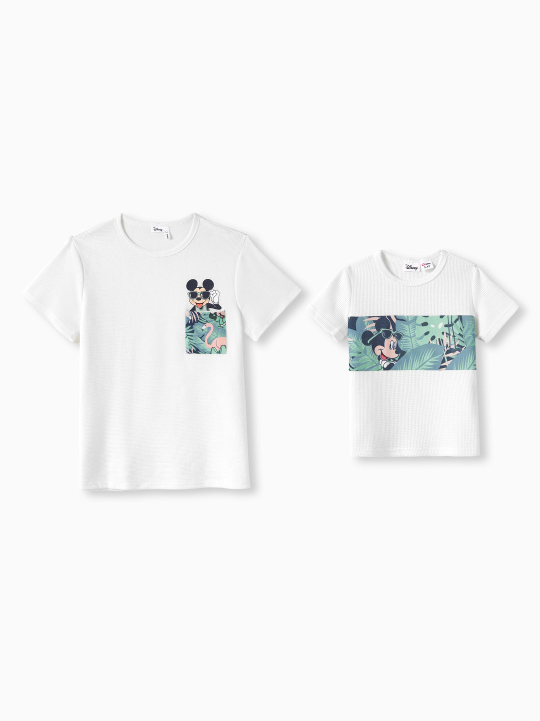 Disney Mickey and Friends Daddy & Son Tropical Botanical Print Waffle Fabric T-shirt greenwhite
