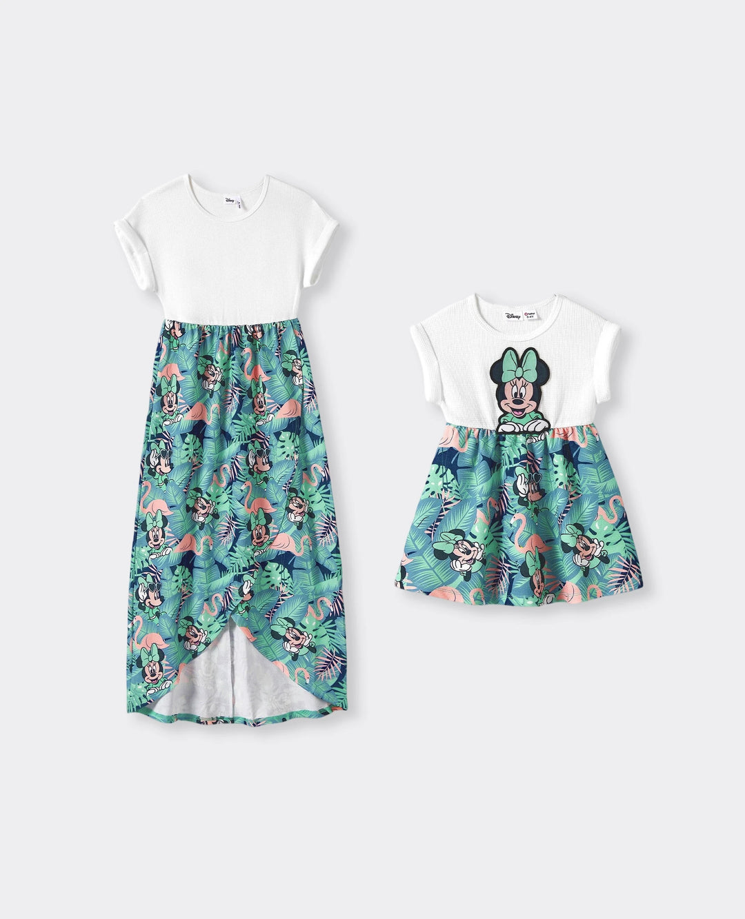 Disney Mickey and Friends Mommy & me Tropical Botanical Print Waffle Fabric Dress greenwhite