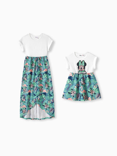 Disney Mickey and Friends Mommy & me Tropical Botanical Print Waffle Fabric Dress greenwhite