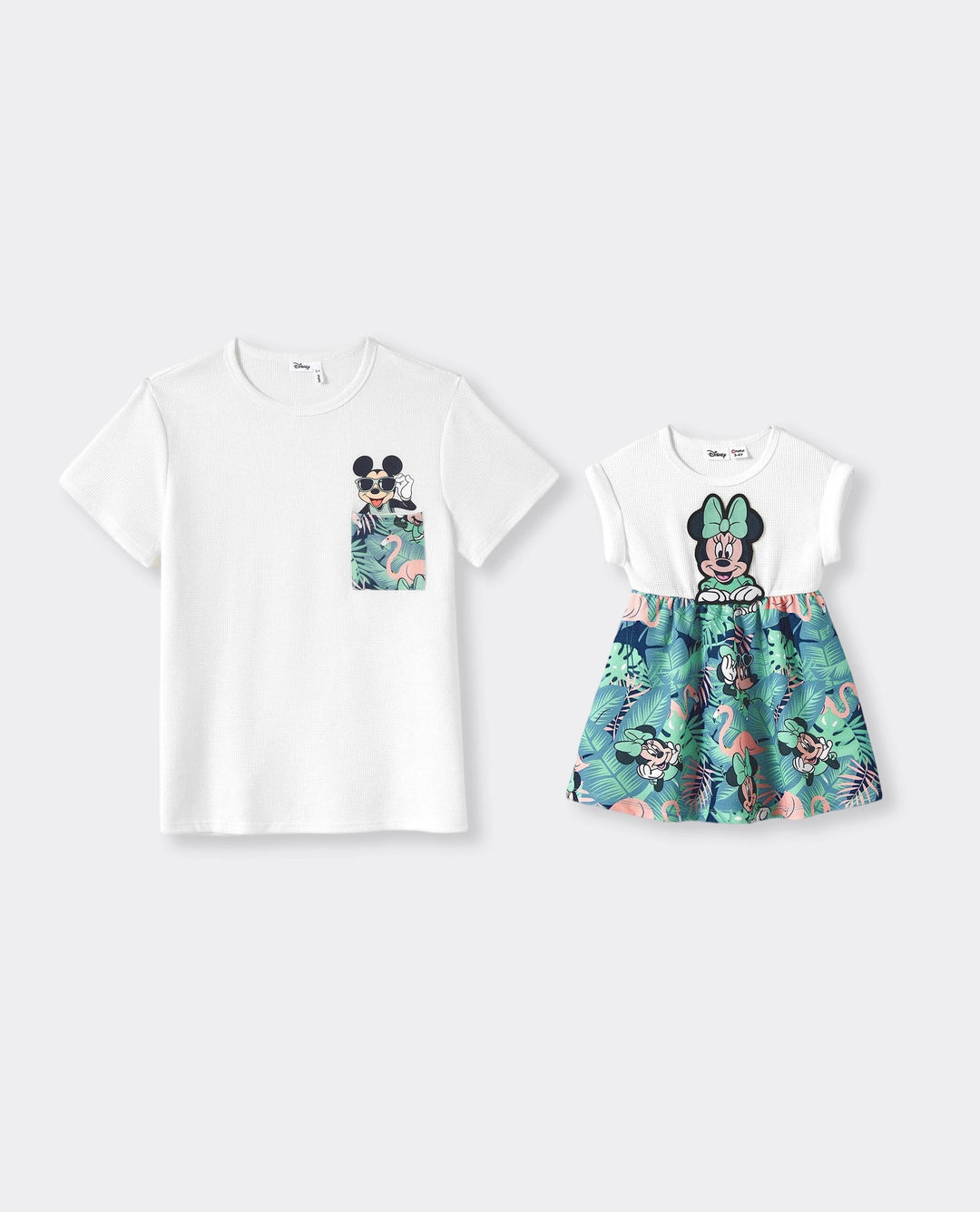 Disney Mickey and Friends Daddy & Daughter Tropical Botanical Print Waffle Fabric T-shirt/Dress greenwhite