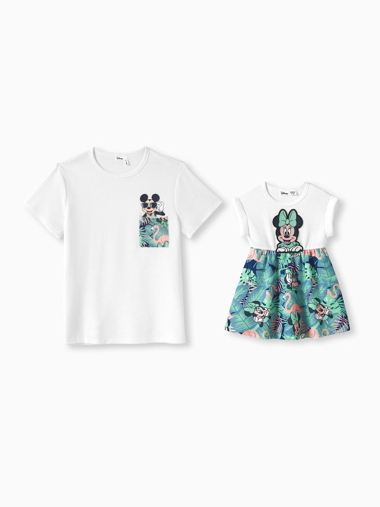 Disney Mickey y Amigos Camiseta/Vestido de waffle con estampado botánico tropical para Papá y Hija verdeblanco