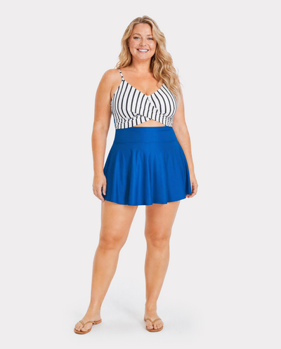 Maillot de bain familial assorti, short de bain à cordon de serrage ou tankini rayé bleu épissé avec devant croisé, dos noué et fines bretelles, bloc de couleur
