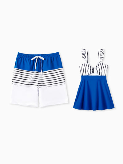 Daddy & Daughter Swimsuit Colorblock Drawstring Swim Trunks or Striped Blue Spliced Tankini with Cross-Front, Tie-Back, and Thin Straps Color block