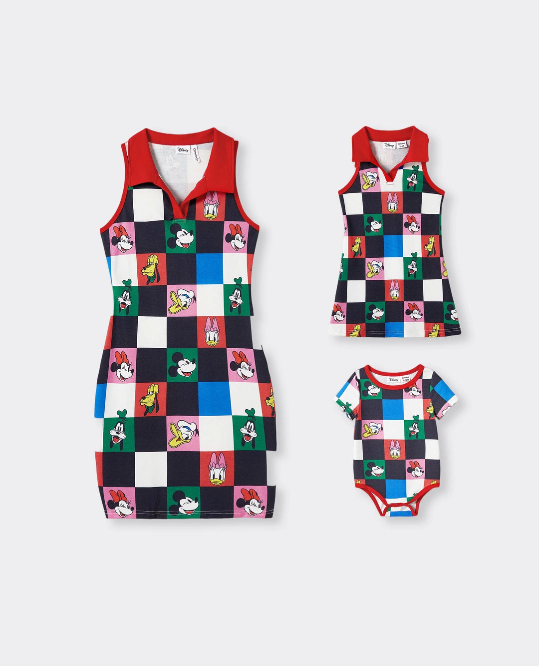 Disney Mickey and Friends Mommy and Me Family Matching Naia™ Colorful Checkered Pattern Top/Sleeveless Dress/Onesie Multi-color