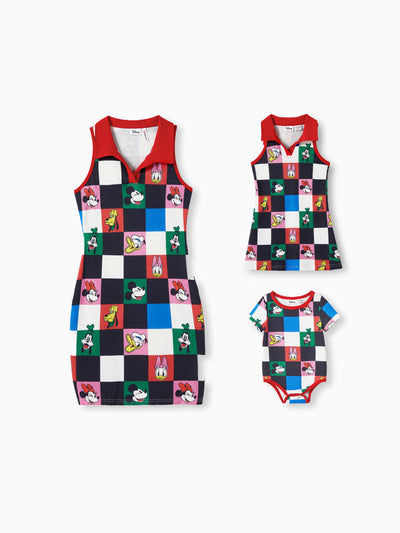 Mommy and Me Disney Mickey and Friends Family Matching Naia™ Colorful Checkered Pattern Top/Sleeveless Dress/Onesie Multi-color