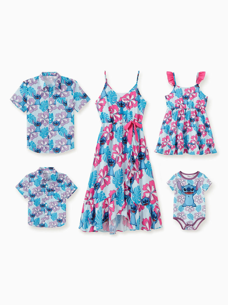 Disney Stitch Mommy and Me Family Matching Naia™ Stitch and Hawaii Style Floral Print Sleeveless Dress/Onesie／Shirt Multi-color