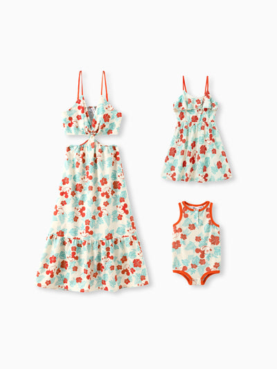 Mommy and Me Disney Mickey and Friends Family Matching Naia™ Floral Allover Print Shirt/Sleeveless Hollow-out Dress/Romper Multi-color