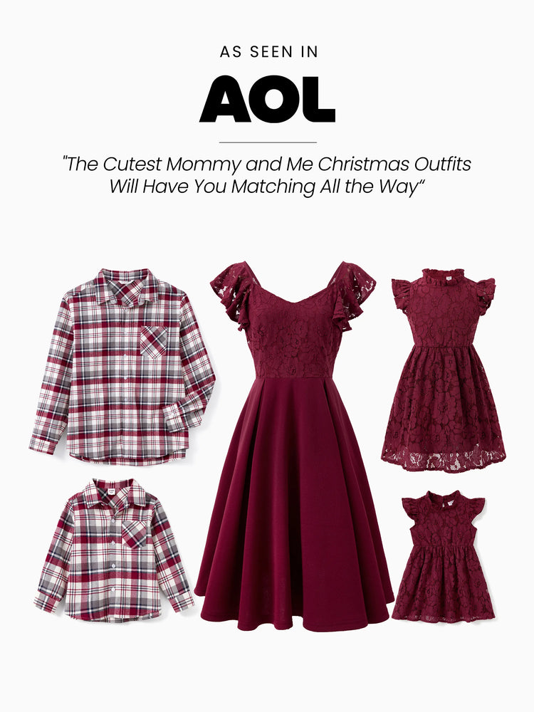 Ensembles familiaux assortis : chemise à carreaux ou robe trapèze à manches volantées en dentelle bordeaux