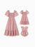 Mommy & me Blue Flora Print Smocking Puff-sleeve Dress Set Pink