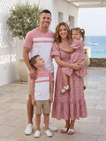 Family Matching Blue Cotton Colorblock Tee Shirt or Floral Print Smocking Puff-sleeve Dress Set  Pink