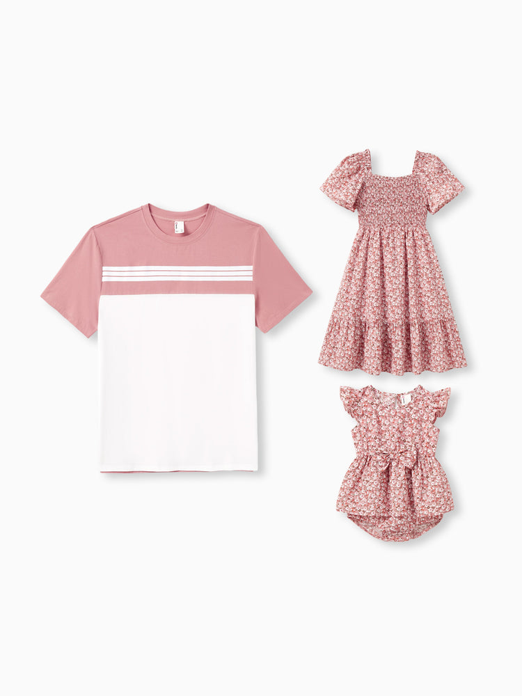 Daddy & Daughter Blue Cotton Colorblock Tee Shirt or Flora Print Smocking Puff-sleeve Dress Set Pink