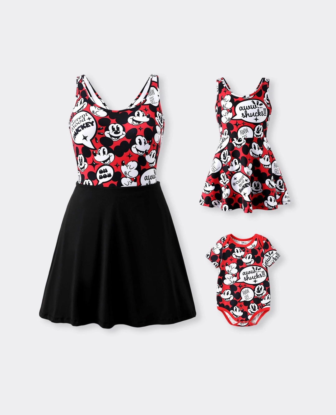 Disney Mickey and Friends Mommy and Me Family matching 1pc Mickey Mouse Graffiti Cotton T-shirt or Colorblock Dress with Built-in Shorts & Pockets or Naia™ Allover Romper Red