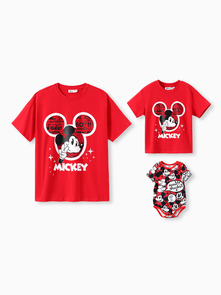 Daddy and Me Disney Mickey and Friends Family matching 1pc Mickey Mouse Graffiti Cotton T-shirt or Colorblock Dress or Naia™ Allover Romper  Red