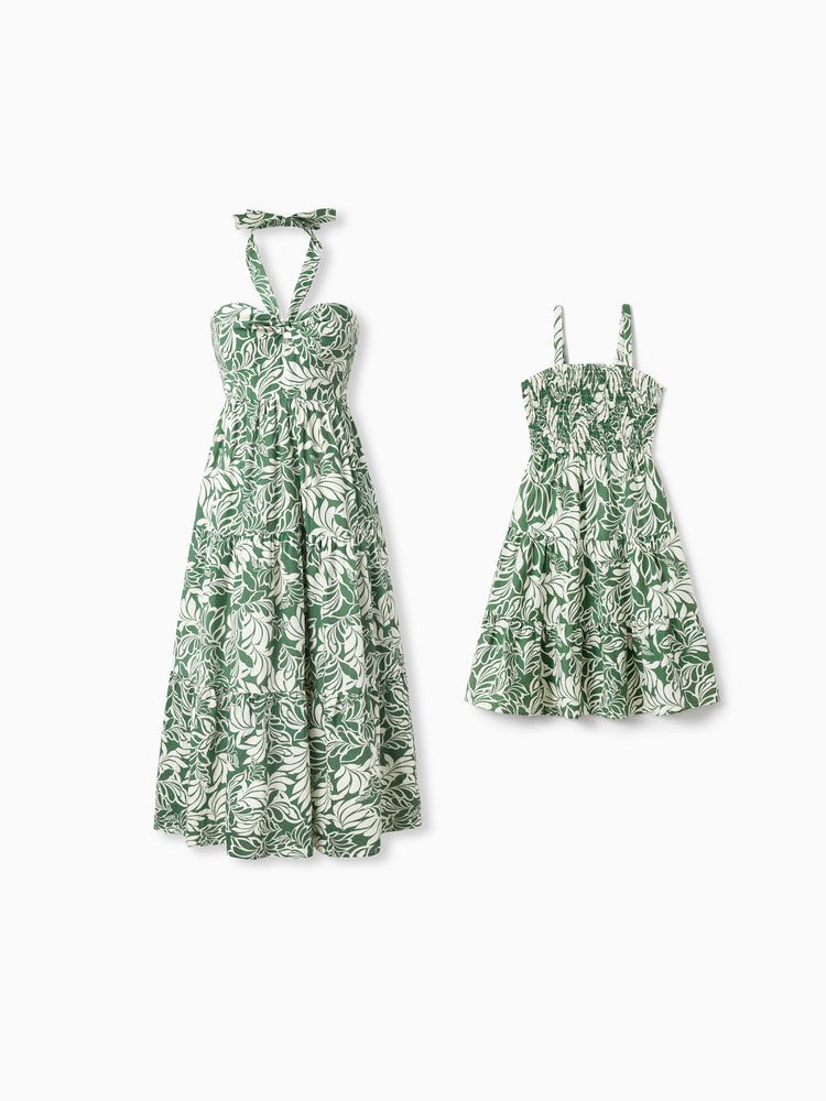 Mommy & me Leaf Print Halter Dress Green Set Green