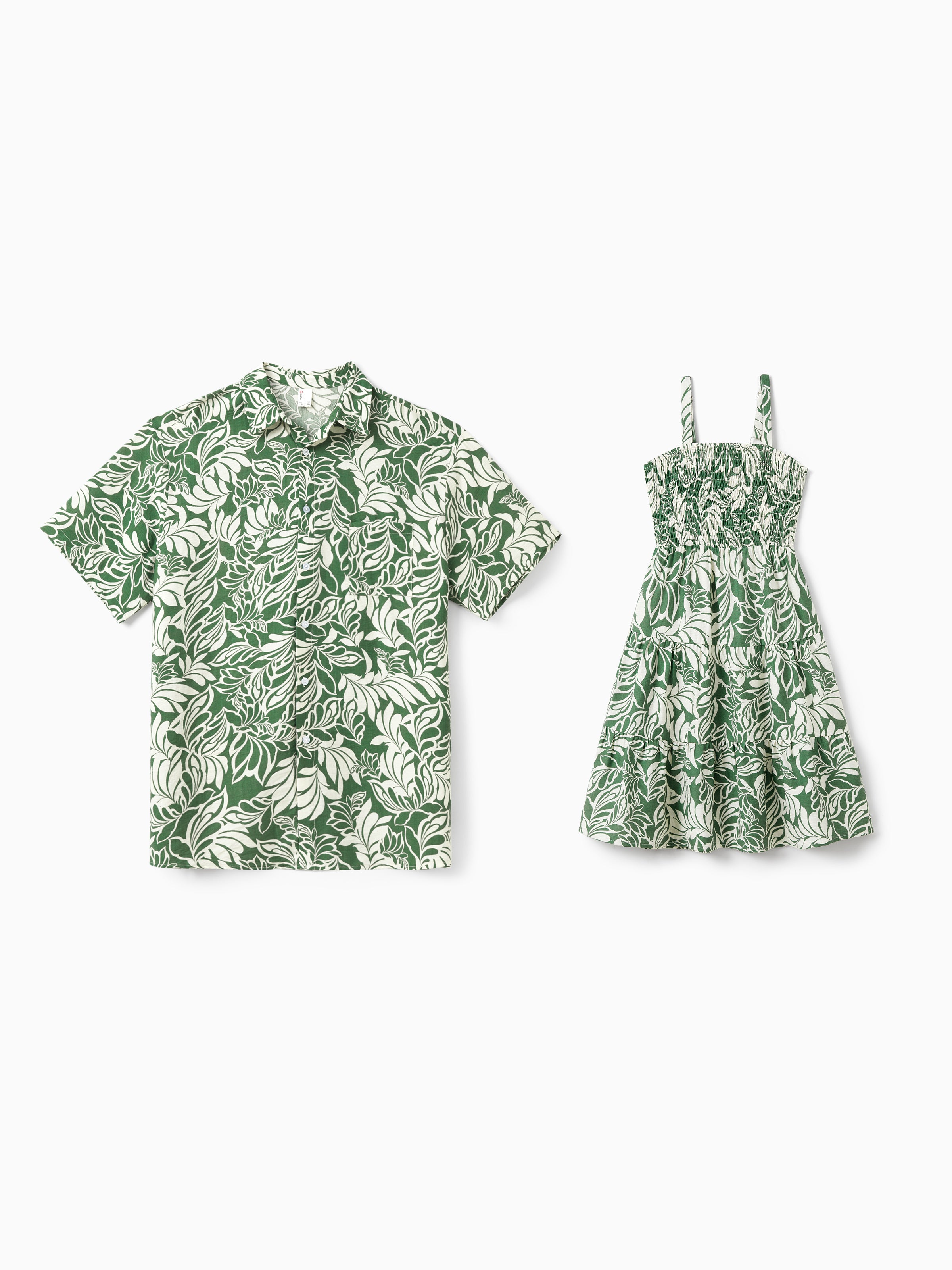 Daddy & Daughter Leaf Print Short-sleeve Shirt or Halter Dress Green S - PatPat Daddy & Daughter Leaf Print Short-sleeve Shirt or Halter Dress Green S - PatPat
