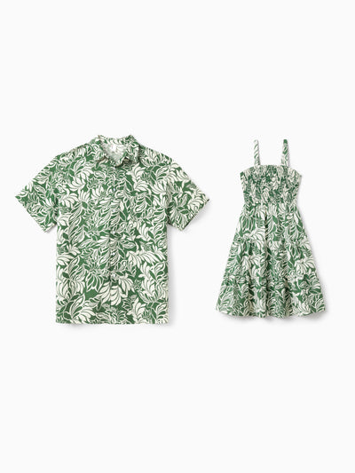 Daddy & Daughter Leaf Print Short-sleeve Shirt or Halter Dress Green Set Green