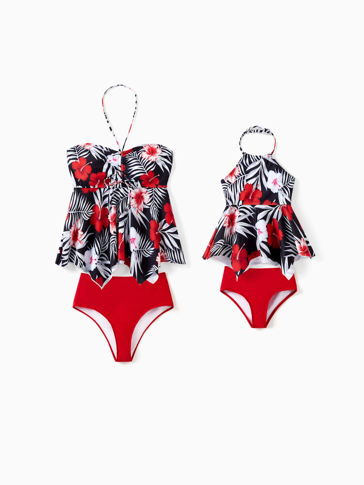 Mommy & me Tropical Floral 2 Pieces Halter Swimsuit Black